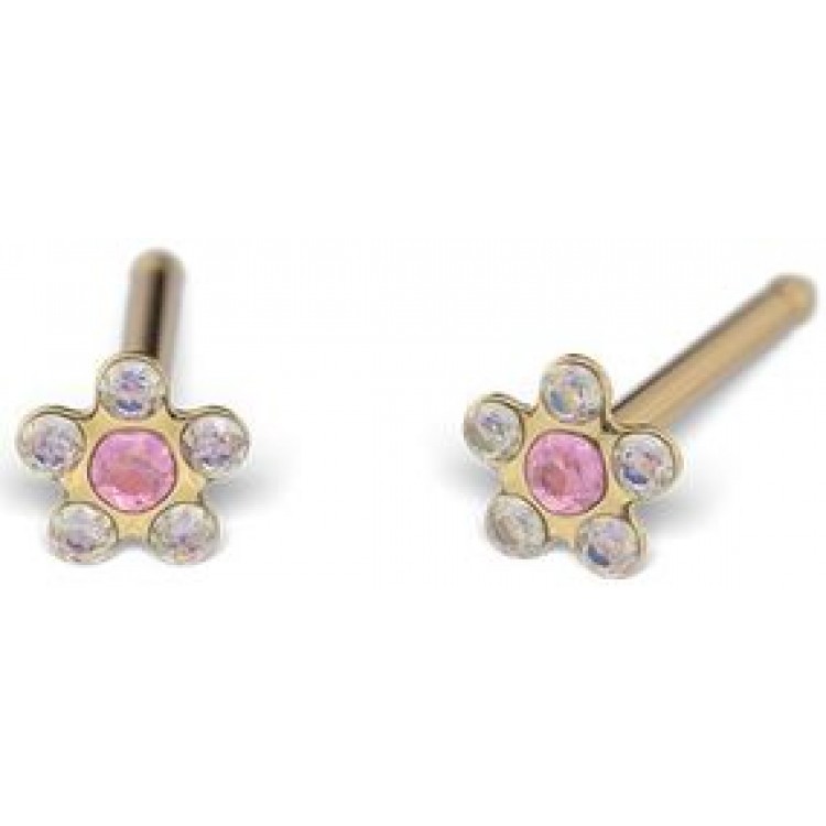 191_BABY paauksuota 3 mm chameleono kristalų gėlytė su ružava akute